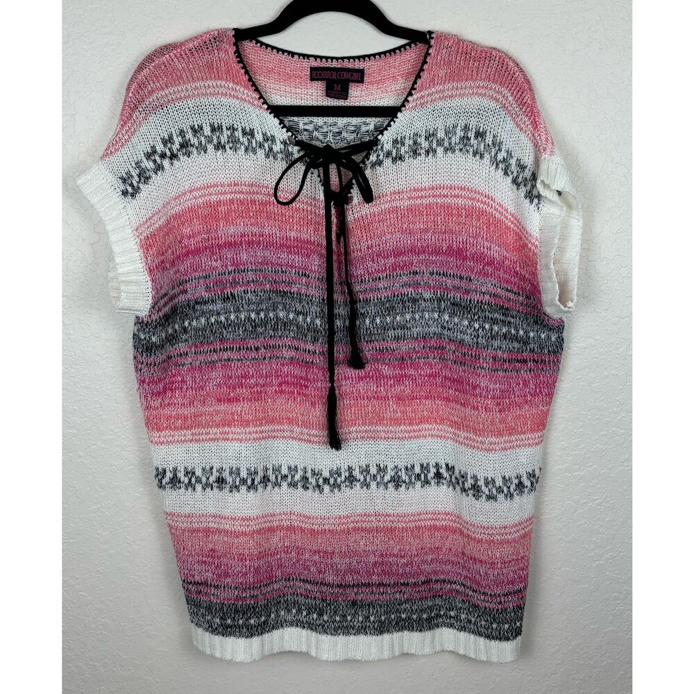Rock & Roll Cowgirl Pink Striped Knit Sweater M Lace Up Western Boho Top